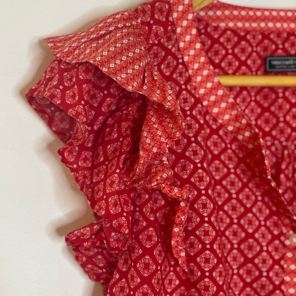 Vineyard Vines Red Tile Patterned Ruffle Blouse - image 3